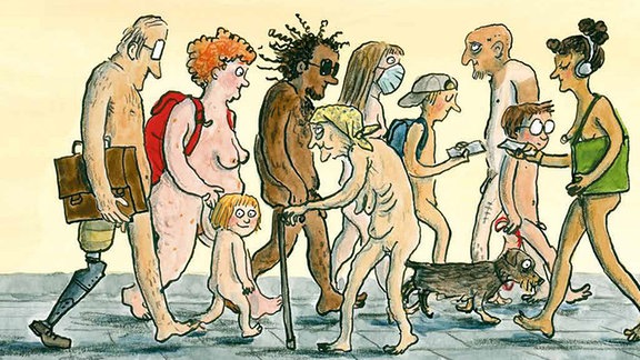 Zeichnung in einem Buch, darauf viele verschiedene nackte Menschen, alt, jung, körperlich behindert und anderes