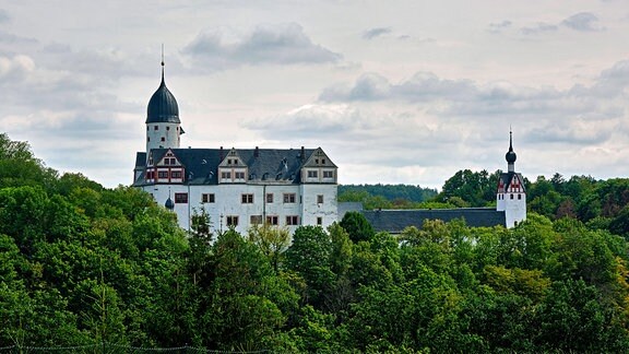 Hinter Bäumen ragt das Schloss Rochsburg hervor. 