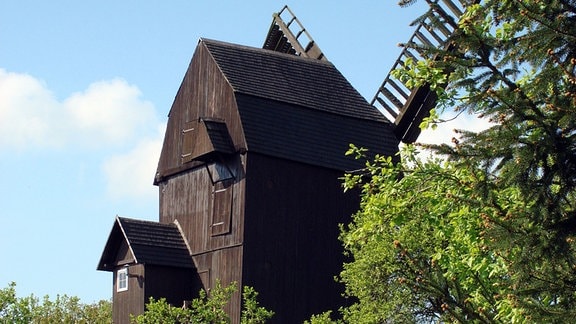 Eine alte Bockwindmühle aus dunklem Holz umgeben von Obst- und Nadelbäumen.