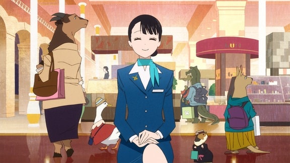 Szene aus dem Anime "Die Concierge": ein junge Frau in blauem Köstüm sitzt in einem Hotel, umgeben von Tieren als Gäste