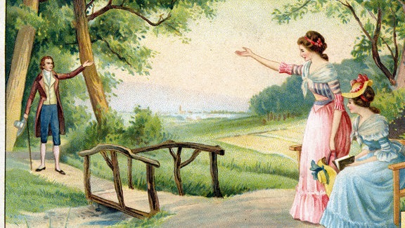 EIn Gemäde: Auf der rechten Seite zwei Frauen in langen Kleidern, eine auf einer Bank, am anderen Ende einer kleinen Holzbrücke steht ein Mann mit Spazierstock und winkt ihnen zu.  