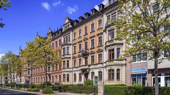 Blick auf eine Häuserzeile mit Jugendstilbauten, davor Bäume, die gerade grün werden.