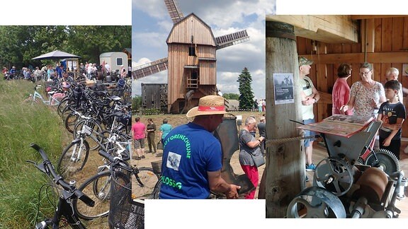 Auf der dreiteiligen Bild-Collage sind eine Außen- und eine Innenansicht der hölzernen Bockwindmühle zu sehen sowie zahlreiche Besucher und geparkte Fahrräder.