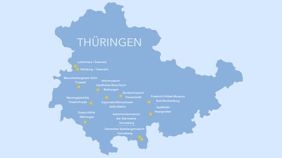 Eine blau gestaltete Karte mit Ausflugszielen im Thüringer Wald