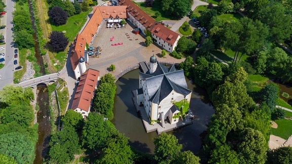 Ein Luftaufnahme von Wasserschloss Klaffenbach: ein Gebäude-Ensemble im Dreieck zwischen grünen Bäumen.