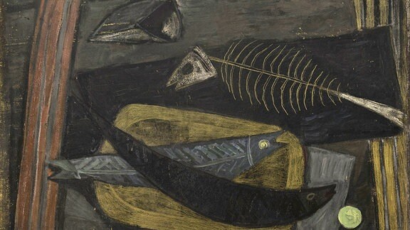 Ein Gemälde zeigt Fische und Fischgräten