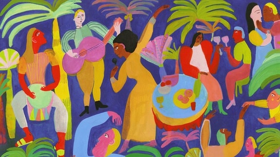 Ein Gemälde mit vielen Figuren und Palmen in bunten Farben. 