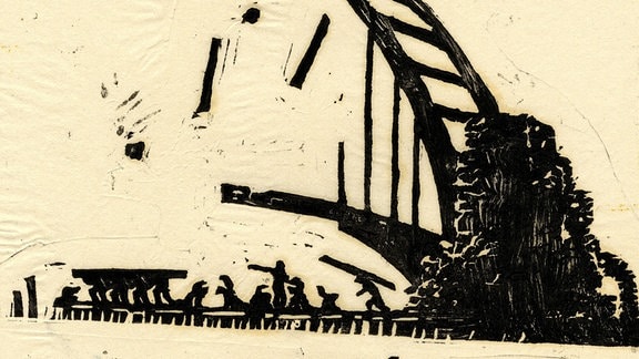 Ein Linolschnitt des Künstlers Heinrich Tischle, abstrakte Zeichnung einer Brücke.
