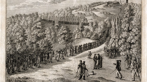 Zug der Burschen auf die Wartburg am 18. Oktober 1817Johann Heinrich Hose, nach 1817, Stahlstich, 25,4 x 31,9 cm Wartburg-Stiftung, Kunstsammlung