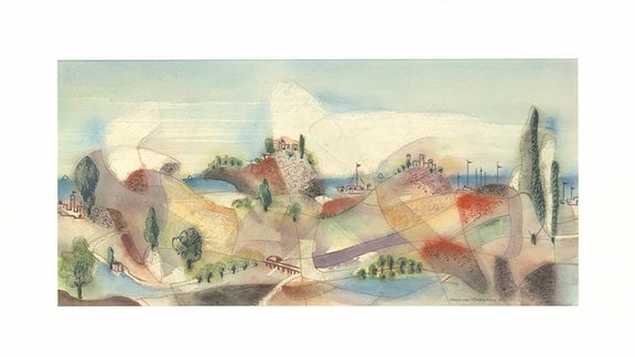 Gemälde von einer Landschaft mit vereinzelten Häusern und Bäumen in pastelligen Farben.
