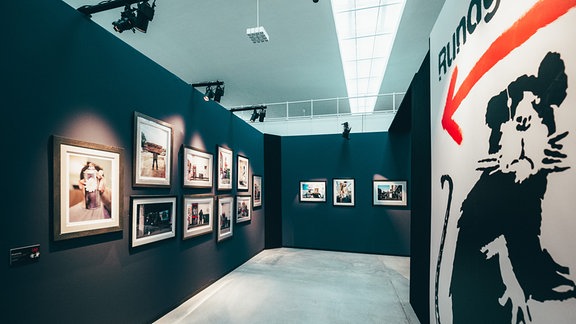 Der Blick in einen Gang in der Banksy-Ausstellung in Magdeburg; die Wände sind dunkel gehalten, rechts ist groß eine Ratte mit rotem Pfeil über dem Kopf zu sehen, links hängen viele kleinere Bilder