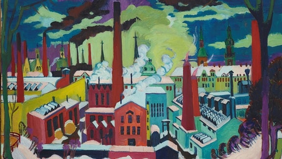 Gemälde: Ausblick auf die Fabrikanlagen in Chemnitz