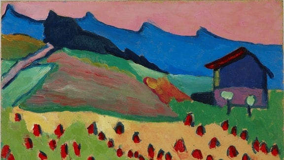 Gemälde einer Landschaft mit Hütte im Abendrot von Gabriele Münter