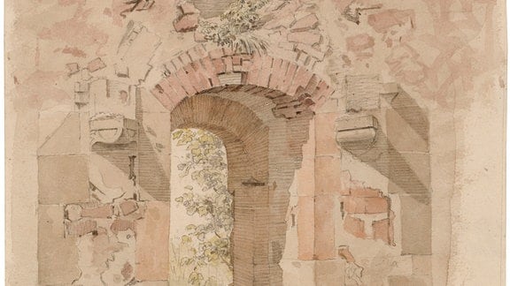 Aquarell-Zeichnung Caspar David Friedrichs von einer Klosterruine.