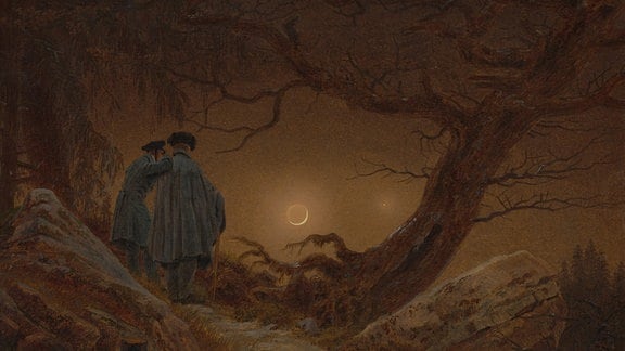 Öl-Gemölde Caspar Davis Friedrich von zwei Männern, die den Mond betrachten  