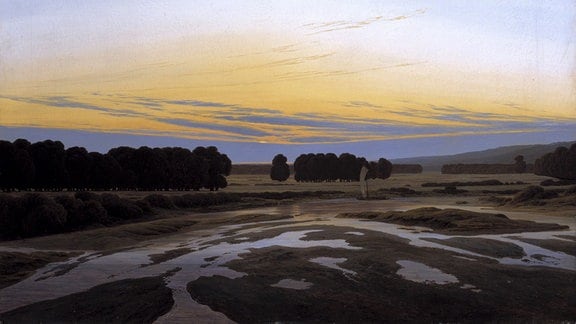Ölgemälde einer sumpfigen Landschaft mit Baumgruppen am Horizont