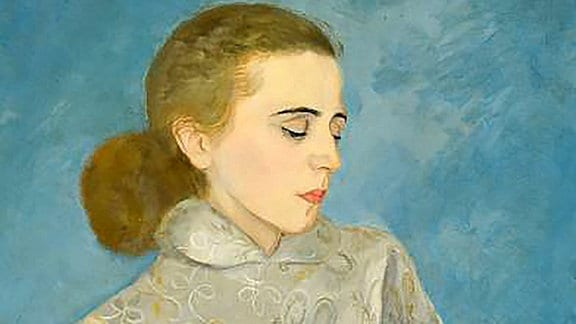 Gemälde einer jungen Frau mit Duttfrisur in einem langen hochgeschlossenen Kleid 