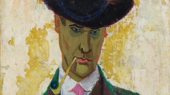 Gemälde eines Mannes mit dünnem Gesicht, breitkrempigen Hut und Pfeife im Mund.