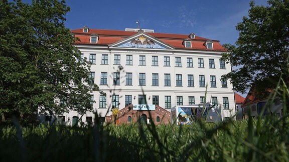 Das Hauptgebäude der Franckeschen Stiftungen mit drei Etagen, davor eine Wiese und Bäume