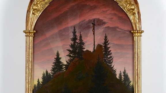 Der Tetschener Altar von Caspar David Friedrich, ein Bild eines Kreuzes im Gebirge, von Gold umrahmt. 