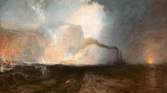 Gemälde von Joseph Mallord William Turner, das stürmische See zeigt und in bläulichen und rötlichen Farben gehalten ist.