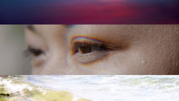 Screenshot, oben und unten verschiedene Ansichten von Wasserflächen, dazwischen ein Augenpaar.
