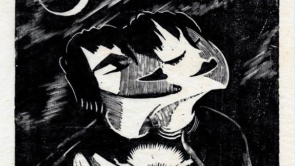 Linolschnitt von Willy Schmidt zeigt ein küssendes Paar.