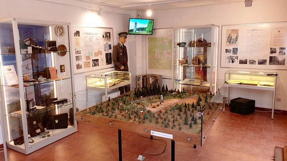 Blick in den Ausstellungsraum mit Vitrinen des Grenzmuseums Sorge. 