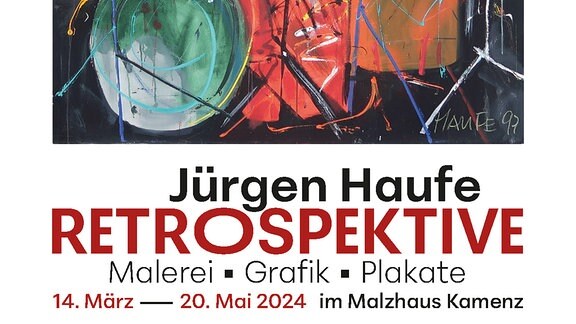 Zu sehen ist das Plakat zu der Ausstellung "Jürgen Haufe - Retrospektive": ein abstraktes Schlagzeug mit Schlagzeugspieler, der Hintergrund ist rot.