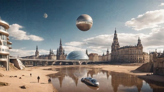Ein künstlich erstelltes Bild, auf dem ein futuristisches Dresdner Elbufer zu sehen ist, im Himmel schwebt ein UFO, aus dem fast komplett trockenen Flussbett kommt ein Zug gefahren