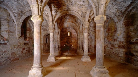 Blick in eine mittelalterliche Krypta mit mehreren Säulen und einem Deckengewölbe