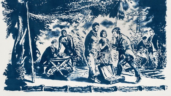 Zwei Männer und eine Frau stehen bei einem geöffneten Koffer unter einem Baum, rechts sitzen und stehen zwei Männer an einem Tisch, im Hintergrund rechts visitiert ein Mann einen anderen. In der Ferne ist ein Strommast zu sehen. Lithographie in Blau-Schwarz-Weiß 