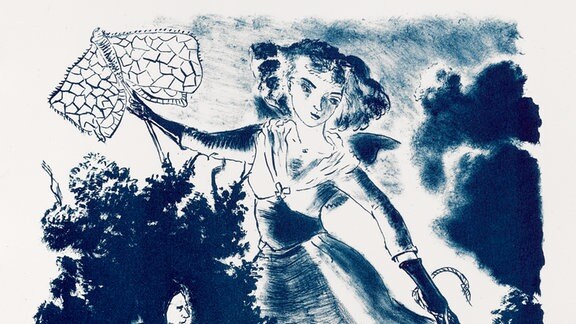 Eine junge Frau schwebt mit einer Art übergroßen Schmetterling in der Hand in einer Landschaft und schaut auf zwei männliche Figuren mit Kappen und Pumphosen, die Stöcke tragen. Lithographie in Blau-Schwarz-Weiß