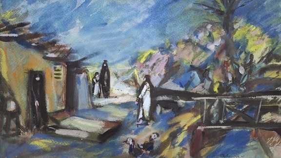 Aquarell einer orientalischen Landschaft in Blau- und Weißtönen mit einer Hütte in Gelb und drei abstrakt gehaltenen Figuren