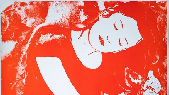 Porträt einer Frau in Rot, Lithografie