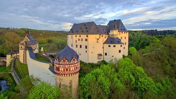 Luftaufnahme einer Schlossanlage mit Wehrtürmen und Schlossmauer umgeben von viel Grün
