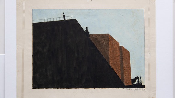 T. Lux Feininger, Der Mann, der Donnerstag war, Bleistift, farbige Kreide und Kohle, Wasserfarben, 36,7 × 47,2 cm, 1929