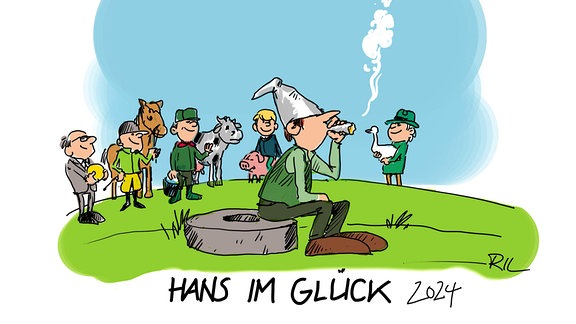 Zeichnung: Ein Mann sitzt auf einem Mühlstein und raucht einen Joint, unter ihm steht "Hans im Glück", hinter ihm stehen Menschen mit den Tauschgegenständen Märchens: Schwein, Kuh etc.