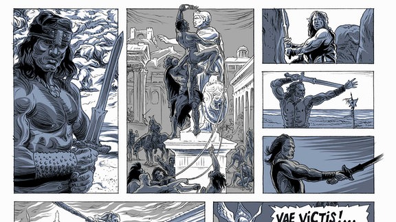 Comic-Seite in blauen Farben zeigt neben mehrere Zeichnungen von Kriegern ein Bild von Asterix und Obelix