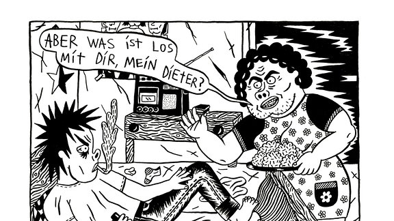 Zeichnung aus dem Comic. Otze liegt auf der Couch und seine Mutter bietet ihm Thüringer Klöße an, die er unwirsch ablehnt.