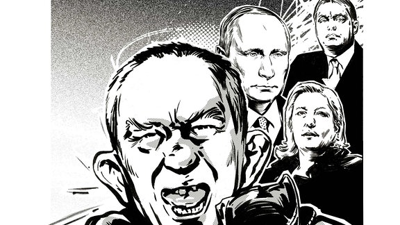 Zeichnung aus dem Comic mit Personen wie Marine Le Pen oder Vladimir Putin und dem Spruch "Ich hab Hass, will mich rächen, will euch alle niederdreschen."