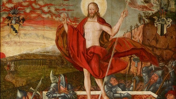 Lucas Cranach d.J. (Werkstatt): Auferstehung Christi mit Stiftern, 1562, Öl auf Lindenholz, 158x115,5 cm, Kunstmuseum Moritzburg Halle