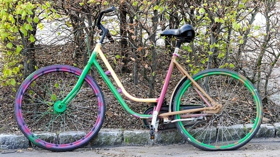 Regenbogenfarbenes Fahrrad steht an einer Hecke.