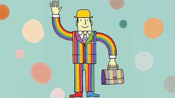 Grafik zeigt einen winkenden Mann im Regenbogen-Anzug, mit Hut und Tasche
