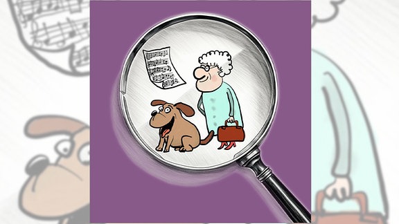 Die Podcast-Reihe "Berta Knurr": eine Zeichnung einer Lupe, unter der eine ältere Dame und ein lustiger Hund sind. 