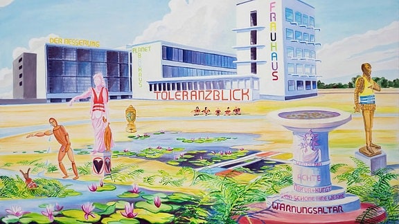 Gemälde "Toleranzblick" mit Figuren vor dem Bauhausgebäude 