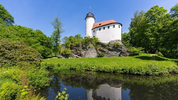 Blick über einen Weiher auf eine Wiese, im Hintergrund ist eine kleine Burg mit weißer Fassade und einem Turm zu sehen.