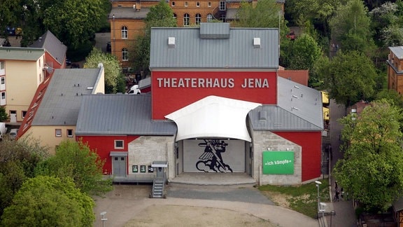 Luftaufnahme des Theaterhaus in Jena, das rote Gebäude hat ein graues Dach, in Großbuchstaben steht "Theaterhaus Jena" zentral auf dem Gebäude