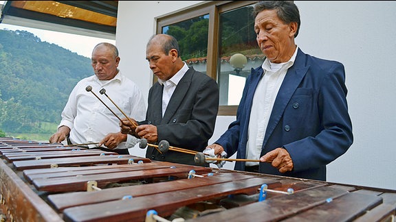 Drei Männer spielen auf einem Marimba.