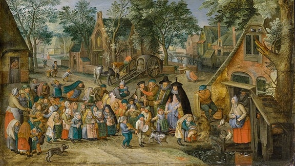 Ein Renaissance-Gemälde einer Dorfszene: Viele Kinder und ältere Frauen sammeln sich vor einem Haus, aus dem eine Person herauskommt.